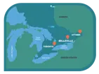 Map of Ontario highlighting Belleville's proximity to Ottawa and Toronto