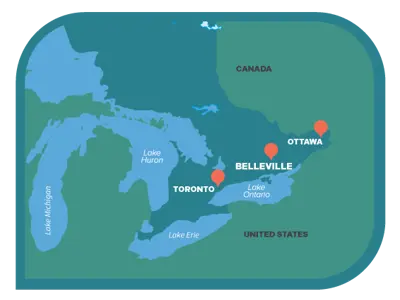 Map of Ontario highlighting Belleville's proximity to Ottawa and Toronto